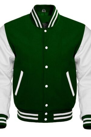 Forest green varsity jacket features a wool body and optional leather sleeves. It has a front closure, quilted lining, and leather-trimmed pockets.