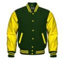 Forest green letterman jacket with ribbed trim and faux leather sleeves