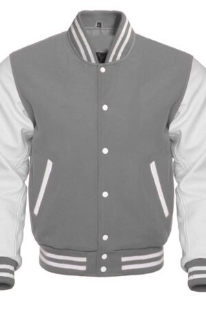 Gray varsity jacket features a wool body and optional leather sleeves. It has a front closure, quilted lining, and leather-trimmed pockets.