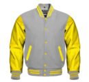 Grey varsity bomber jacket with black leather sleeves and ribbed trim