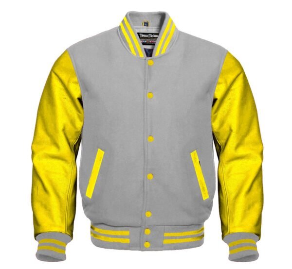 Grey varsity bomber jacket with black leather sleeves and ribbed trim