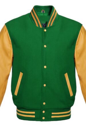 A stylish green varsity jacket is displayed with contrasting sleeves and a front snap closure.