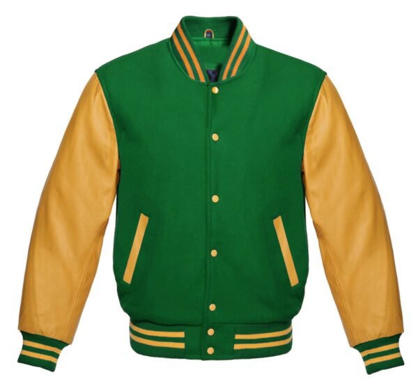 A stylish green varsity jacket is displayed with contrasting sleeves and a front snap closure.