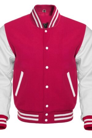 Hot pink varsity jacket features a wool body and optional leather sleeves. 1 It has a front closure, quilted lining, and leather-trimmed pockets. 2