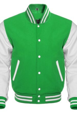 Kelly green varsity jacket features a wool body and optional leather sleeves. 1 It has a front closure, quilted lining, and leather-trimmed pockets