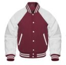 A maroon varsity jacket featuring reglan sleeves is shown.