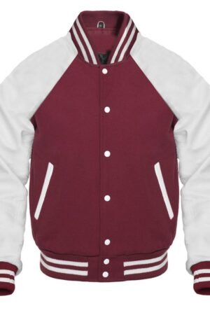 A maroon varsity jacket featuring reglan sleeves is shown.