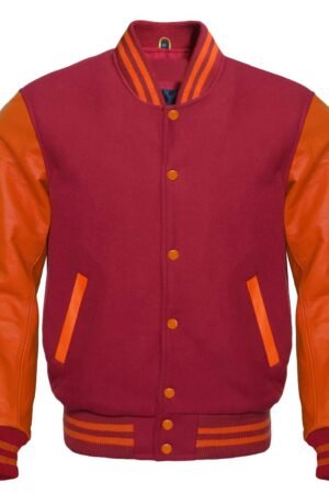Stylish pink letterman jacket with white sleeves