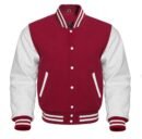 maroon varsity jacket features a wool body and optional leather sleeves. It has a front closure, quilted lining, and leather-trimmed pockets.
