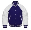 A navy blue varsity jacket with reglan sleeves is shown.