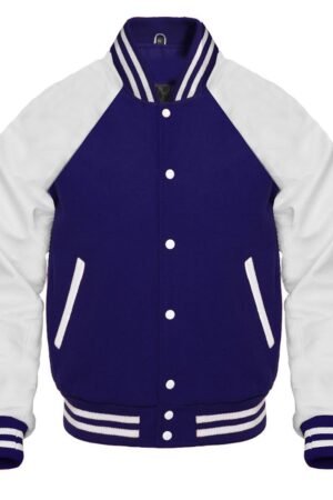A navy blue varsity jacket with reglan sleeves is shown.