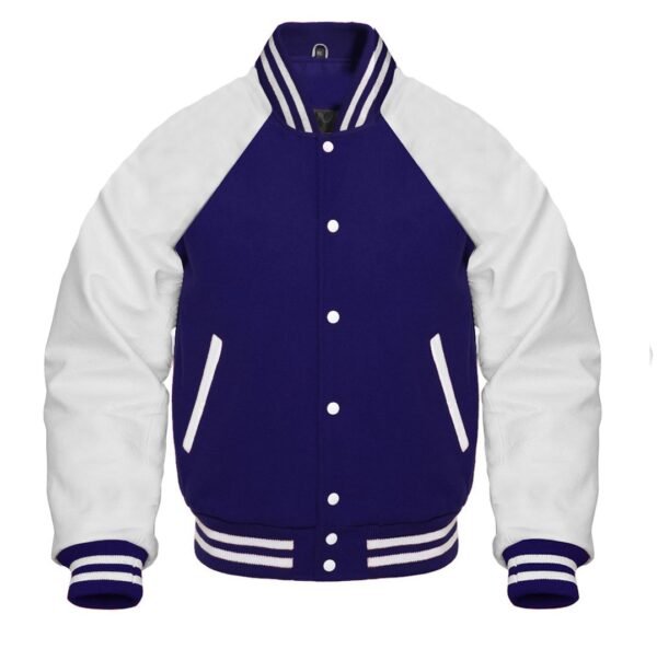 A navy blue varsity jacket with reglan sleeves is shown.