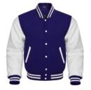 Navy blue varsity jacket features a wool body and optional leather sleeves. It has a front closure, quilted lining, and leather-trimmed pockets.
