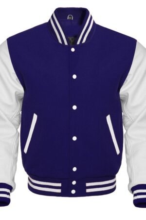 Navy blue varsity jacket features a wool body and optional leather sleeves. It has a front closure, quilted lining, and leather-trimmed pockets.