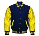 Navy blue bomber varsity jacket with faux leather sleeves