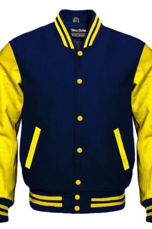 Navy blue bomber varsity jacket with faux leather sleeves