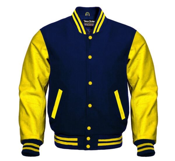 Navy blue bomber varsity jacket with faux leather sleeves