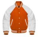 An orange varsity jacket featuring reglan sleeves is shown.