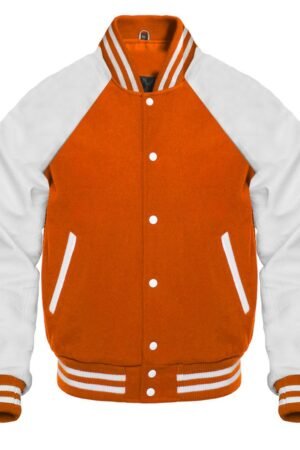 An orange varsity jacket featuring reglan sleeves is shown.