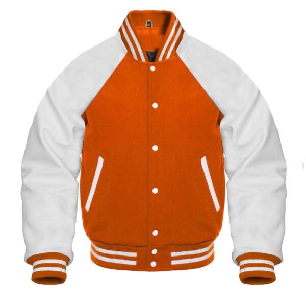 An orange varsity jacket featuring reglan sleeves is shown.