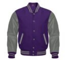 Purple varsity jacket features a wool body and optional leather sleeves. It has a front closure, quilted lining, and leather-trimmed pockets.
