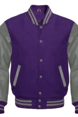 Purple varsity jacket features a wool body and optional leather sleeves. It has a front closure, quilted lining, and leather-trimmed pockets.