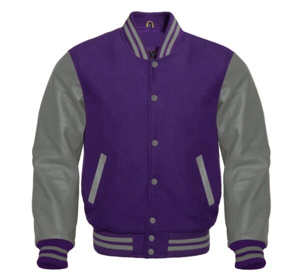 Purple varsity jacket features a wool body and optional leather sleeves. It has a front closure, quilted lining, and leather-trimmed pockets.