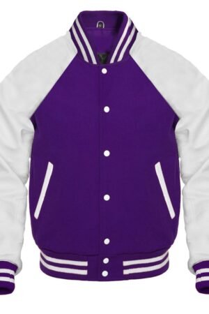 A purple varsity jacket featuring reglan sleeves is shown.