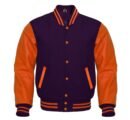 Make a statement in our unique purple varsity jacket with bold orange raglan sleeves. Expertly crafted for distinctive style and comfort.