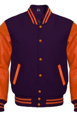 Make a statement in our unique purple varsity jacket with bold orange raglan sleeves. Expertly crafted for distinctive style and comfort.