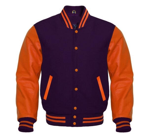 Make a statement in our unique purple varsity jacket with bold orange raglan sleeves. Expertly crafted for distinctive style and comfort.