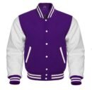Purple varsity jacket features a wool body and optional leather sleeves. It has a front closure, quilted lining, and leather-trimmed pockets.