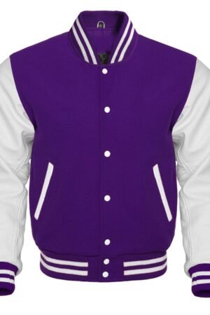 Purple varsity jacket features a wool body and optional leather sleeves. It has a front closure, quilted lining, and leather-trimmed pockets.