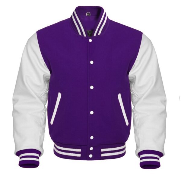 Purple varsity jacket features a wool body and optional leather sleeves. It has a front closure, quilted lining, and leather-trimmed pockets.