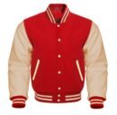 A red varsity jacket featuring reglan sleeves is shown.