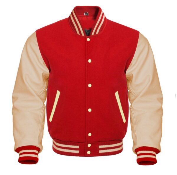 A red varsity jacket featuring reglan sleeves is shown.