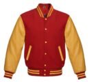 Unisex red varsity jacket on male and female models
