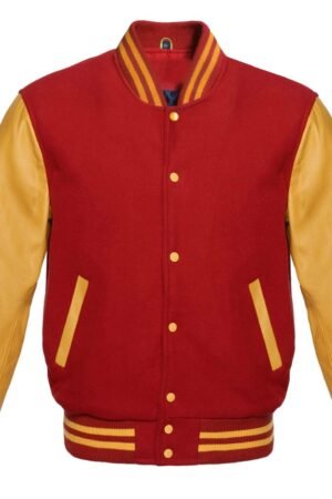 Unisex red varsity jacket on male and female models