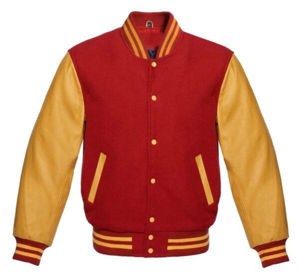 Unisex red varsity jacket on male and female models