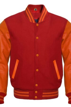 Red varsity jacket with a wool body and optional leather sleeves. Features a front closure, quilted lining, and leather-trimmed pockets.