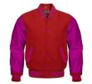 Red varsity jacket features a wool body and optional leather sleeves. It has a front closure, quilted lining, and leather-trimmed pockets.