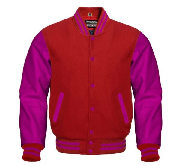 Red varsity jacket features a wool body and optional leather sleeves. It has a front closure, quilted lining, and leather-trimmed pockets.
