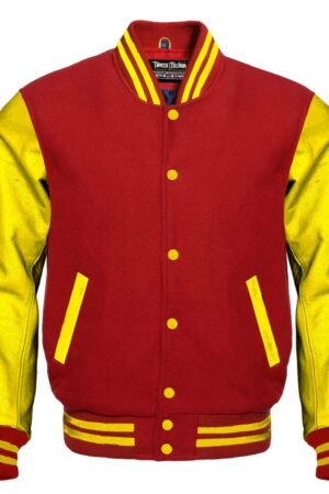 Red varsity hoodie streetwear look