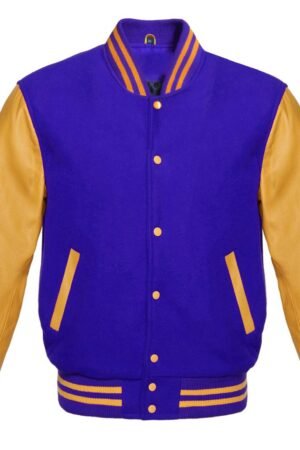 Royal blue letterman jacket with white sleeves