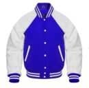 A royal blue varsity jacket featuring reglan sleeves is shown.