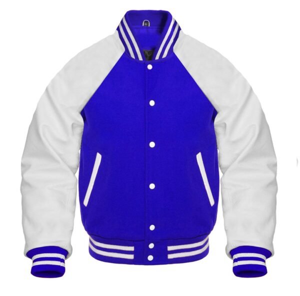 A royal blue varsity jacket featuring reglan sleeves is shown.