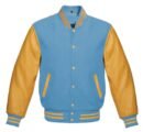 Light blue varsity jacket with white accents