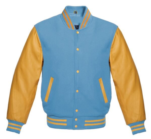 Light blue varsity jacket with white accents