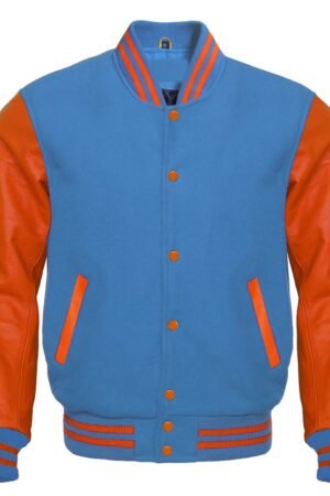 Sky blue varsity jacket features a wool body and optional leather sleeves. 1 It has a front closure, quilted lining, and leather-trimmed pockets