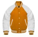 A yellow varsity jacket featuring reglan sleeves is shown.